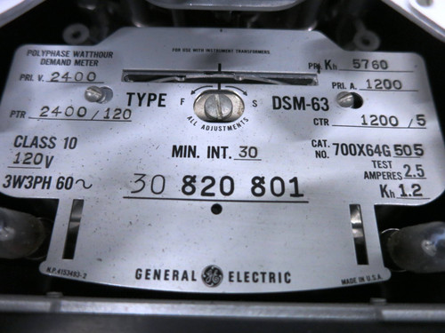 GE 700X64G505 Polyphase Watthour Demand Meter DSM-63 Relay 3PH Watt Hour 120V (DW1789-2) GE 700X64G505 Polyphase Watthour Demand Meter DSM-63 Relay 3PH Watt Hour 120V (DW1789-2)