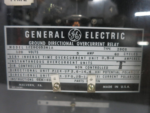 GE 12IBCG53M1A Ground Directional Overcurrent Relay IBCG 120V General Electric (DW1804-4) GE 12IBCG53M1A Ground Directional Overcurrent Relay IBCG 120V General Electric (DW1804-4)