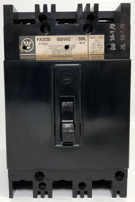 CH Westinghouse FA3030 30A Circuit Breaker 14ka @ 480/600V 3 Pole 30 Amp flaw (EM3867-14)