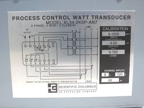 Scientific Columbus XL34-2K5P-AN7 Process Control Watt Transducer 0-1500W 4-20mA (DW2026-2)