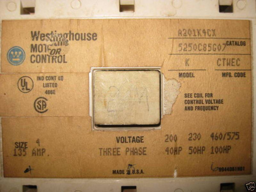 Westinghouse WH Size Sz 4 A201K4CX Contactor 135A 480V (EBI5319-1)