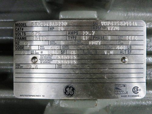 GE 5KE284SAB230 25 HP 1770 RPM AC Motor 575V 23.7A TEFC 284TD Type KE (DW2230-1)