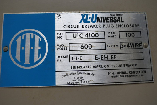 ITE/Gould U1C4100 100A 600V 3PH 4W Breaker XL-U Plug Busplug UIC4100 (GA0331-5)