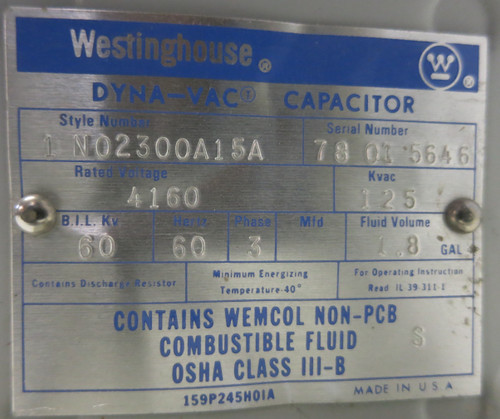 Westinghouse Dyna-VAC 1 N02300A15A 125kVAC 4160V 60Hz 60kV 3PH Capacitor w Fuses (GA0371-8) Westinghouse Dyna-VAC 1 N02300A15A 125kVAC 4160V 60Hz 60kV 3PH Capacitor w Fuses (GA0371-8)