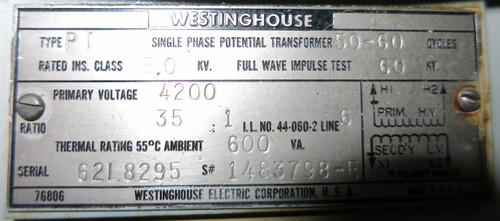 Westinghouse 1483798-E Potential Transformer 35:1 4200V 600VA 1 fuse (GA0384-1)