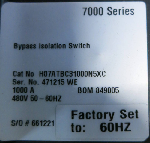 ASCO H07ATBC31000N5XC 1000 Amp 480V 4W 7000 Series Bypass Isolation Switch 1000A (GA0399-1)