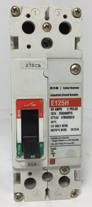Cutler Hammer E125H EGH2060FFG 60A Circuit Breaker 2 Poles 60 Amp Eaton HACR (EM4085-1)