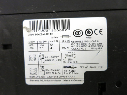 Siemens 3RV1042-4JB10 Sirius Motor Protector Controller Circuit Breaker 45-63A (DW2715-1)