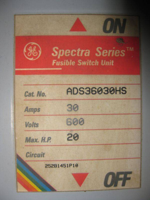 GE ADS36030HS  30A/600V Spectra Series Fused Panelboard Switch 30 Amp (EBI1773-2)