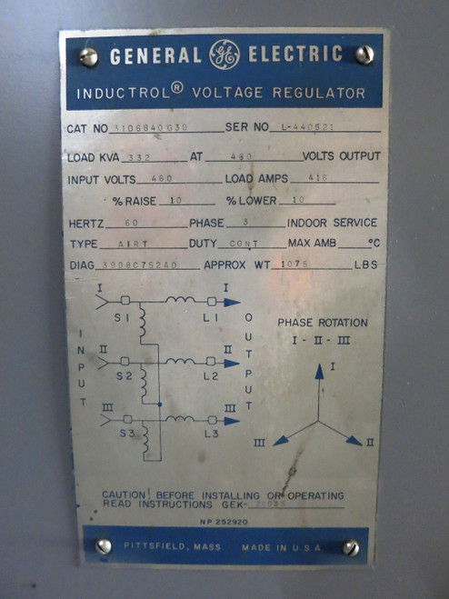 GE 31D6840G30 Inductrol Voltage Regulator 332 kVA @ 460V 460 In AIRT 416A 3PH (DW2827-1)