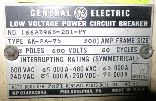 General Electric AK-2A-75 3000A w Satin American Corp LSG Trip EO Air Breaker GE (GA0495-1)