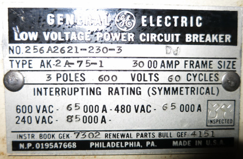 General Electric AK-2A-75-1 3000A Satin American Corp Trip LSIG Air Breaker EO (GA0505-1) General Electric AK-2A-75-1 3000A Satin American Corp Trip LSIG Air Breaker EO (GA0505-1)