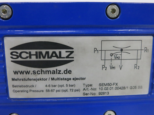 Schmalz SEM50-FX Compact Ejector Vacuum Valve SEM50FX 4-6 bar 58-87 psi (DW3278-2)