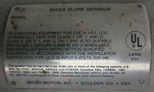 Micro Motion CMF100M328NU Mass Flow Sensor Telemetering Equipment (GA0593-2)