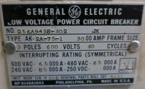 General Electric AK-2A-75-1 3000 Amp AC-PRO Trip LSIG Air Breaker EO 3000A GE (GA0629-3) General Electric AK-2A-75-1 3000 Amp AC-PRO Trip LSIG Air Breaker EO 3000A GE (GA0629-3)