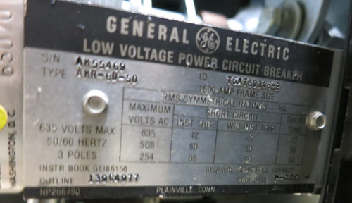 GE AKR-6D-50 1600A Air Breaker TA9VT20MA1 Trip 1600 Amp MicroVersaTrip LS EO (GA0654-4)