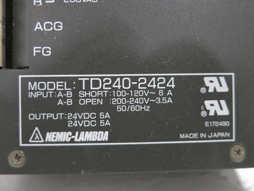 Nemic-Lambda TD240-2424 Power Supply Output 24VDC 5A 120V / 240V Input TD2402424 (DW3563-1)