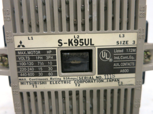 Mitsubishi S-K95UL Contactor Size 3 60HP 120V Coil 93A SK95UL S-K95 sz3 (DW3595-2)