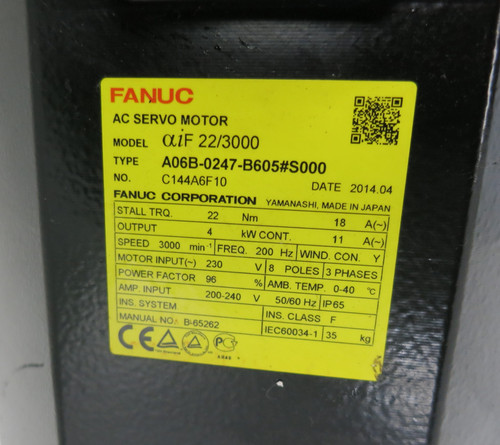 Fanuc aiF 22/3000 A06B-0247-B605#S000 3000 RPM AC Servo Motor Pulsecoder aiAR128 (GA0712-6)