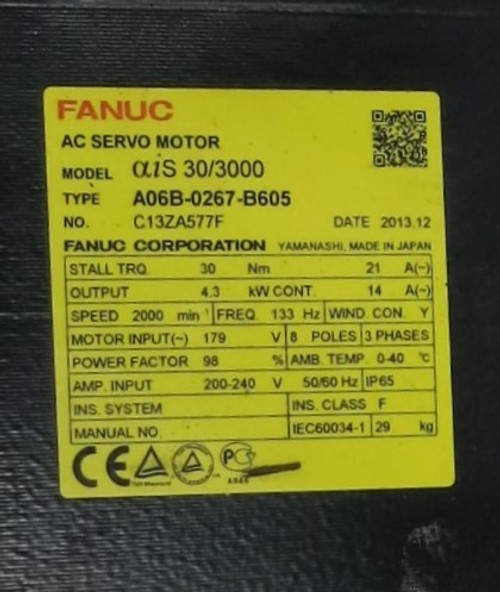 Fanuc aiS 30/3000 A06B-0267-B605 2000 RPM AC Servo Motor Pulsecoder aiAR128 (GA0714-1)