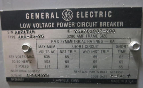 GE AKR-6D-75 3200 Amp Breaker w LSG MicroVersaTrip TA9VT32MGA3Z1 3200A EO General (GA0721-1)