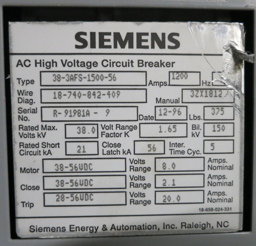 Siemens 1200A 38kV 38-3AFS-1500-56 56VDC AC High Voltage Vacuum Circuit Breaker (GA0730-2)