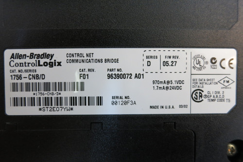 Allen Bradley 1756-CNB/D F/W Rev 05.27 Control Net Communications Bridge PLC AB (PM3142-4)
