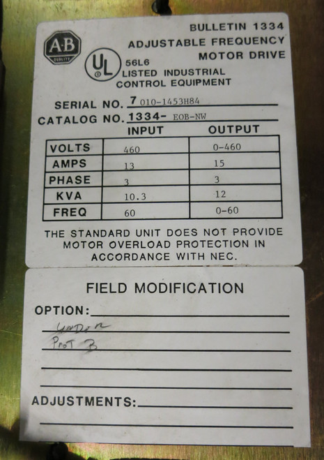 Allen Bradley 1334-EOB-NW 10 HP AC VS Drive 460V 12 kVA 15A 1334-E0B VFD (GA0744-1)