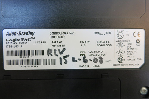 Allen Bradley 1756-L63 B F/W Rev 1.9 Logix 5563 Processor Unit PLC AB 13835 Pac (PM3141-1)