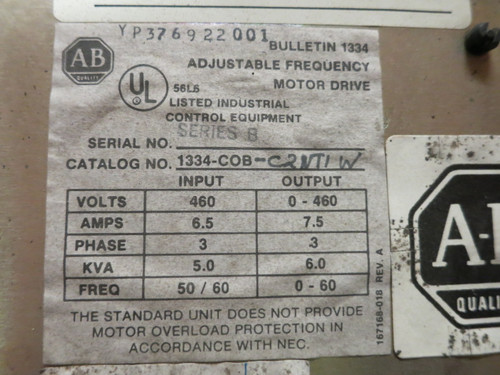 Allen Bradley 1334-COB 5 HP AC VS Drive 460V 6 kVA 7.5A 1334-C0B VFD (GA0742-2)
