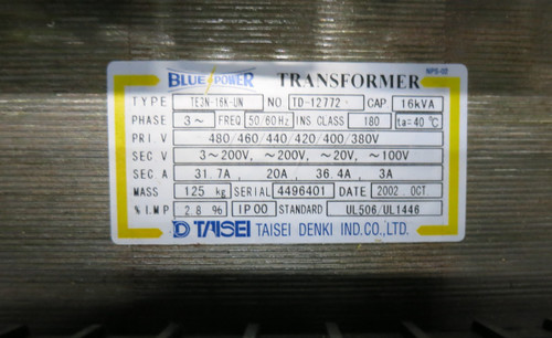 Taisei Denki TE3N-16K-UN 16 kVA 480/460 - 3-200V 3-Phase Transformer TD-12772 (GA0758-4)