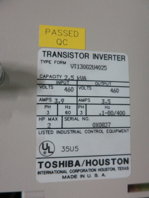 Toshiba VT130G2U4025 2 HP Transistor Inverter VS AC Drive 460V 2.5 kVA 3.5 Amp (GA0764-1) Toshiba VT130G2U4025 2 HP Transistor Inverter VS AC Drive 460V 2.5 kVA 3.5 Amp (GA0764-1)