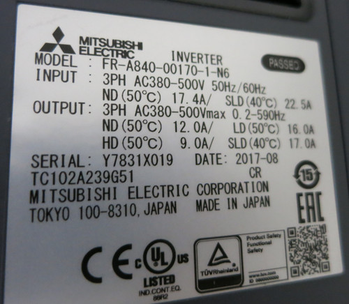 Mitsubishi FR-A840-00170-1-N6 Inverter Drive 7.5 HP A800 480V 3PH 22.5A 7.5HP (GA0767-1)