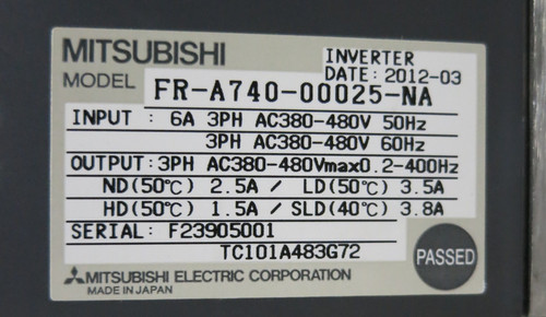Mitsubishi FR-A740-00025-NA Inverter VS Drive 1 HP A700 480V 3PH 6A 2012 (GA0780-5)
