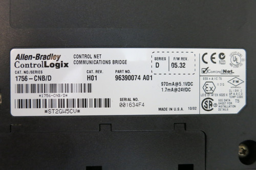 Allen Bradley 1756-CNB/D F/W Rev 05.32 H01 Control Net Communications Bridge PLC (PM3156-1)