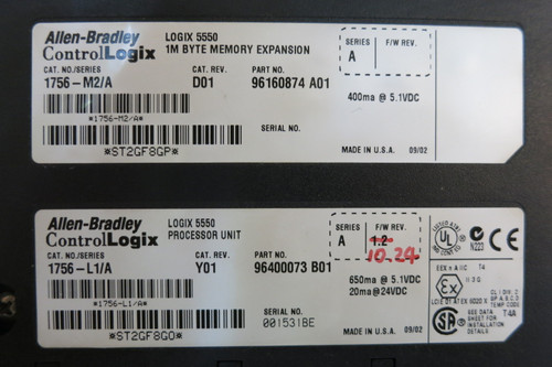 Allen Bradley 1756-L1/A F/W 10.24 Logix 5550 Processor w 1756-M2/A Memory PLC AB (PM3164-1)
