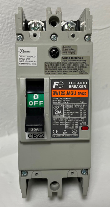 Fuji Electric BW125JAGU-2P020 125A Auto Circuit Breaker w/ 20 Amp Trip 2 Pole 2P (EM4297-1)