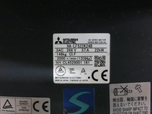 Mitsubishi HA-LFS22K24B AC Servo Motor 22 kW 2000 RPM 266V 57A 3PH HALFS22K24B (DW3766-1)