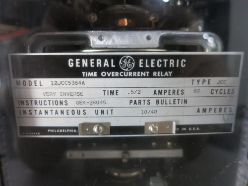 GE 12JCC53B4A Time Overcurrent Relay Type JCC Very Inverse Time .5/2 Amp 10/40A (DW4069-1)