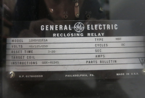 GE 12NSR21E1A Reclosing Relay Type NSR 48/125/250V DC Reset Time 3-20s (DW4075-3)