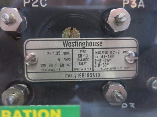 Westinghouse Type KD-10 Distance Relay Style 719B195A10 ABB KD10 41-490 .2-2 Amp (DW4097-1)