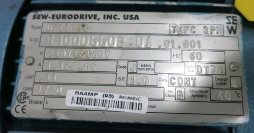 Sew Eurodrive DFT71C4 0.33HP 460V DT79 Gear Reducer Motor 1720RPM SAF37DT71C4 (GA0944-2)