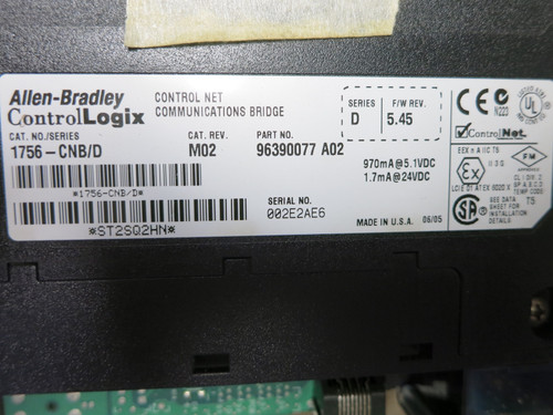 Allen Bradley 1756-CNB Ser D Rev M02 FW 5.45 ControlLogix Control Net Comm PLC (GA0973-1)
