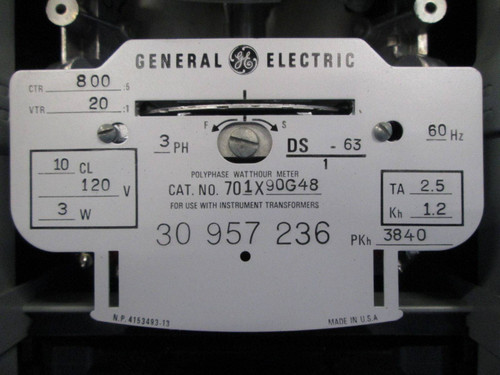 General Electric Polyphase Watthour Meter 3PH 701X90G48 Watt Hour Meter DS-63 3P (EBI2199-2)