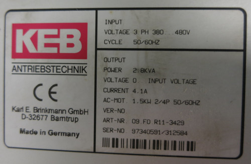 KEB Antriebstechnik 09.F0.R11-3429 Frequency Inverter 1.5kW 50/60Hz 2.8kVA 480V (GA1025-1)