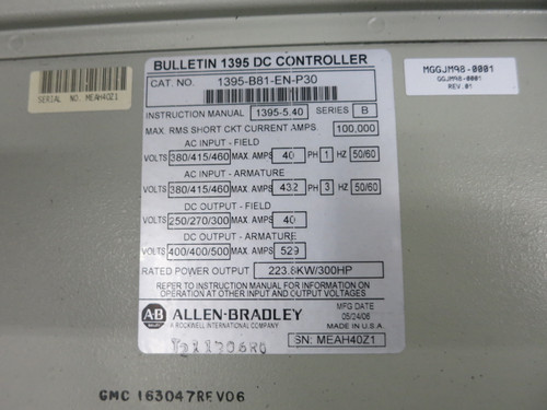 Allen Bradley 1395-B81-EN-P30 Ser B 300 HP / 223.8 kW DC Controller Drive AB (GA1061-1)