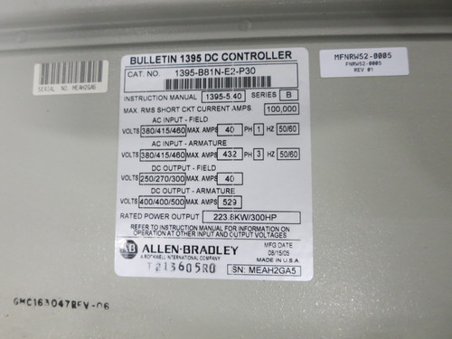 Allen Bradley 1395-B81N-E2-P30 Ser B 300 HP / 223.8 kW DC Controller Drive AB (GA1070-1)