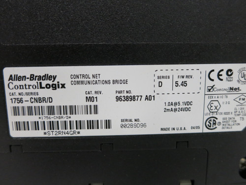 Allen Bradley 1756-CNBR Ser D Rev M01 F/W 5.45 Control Net Communications Bridge (DW4433-3)