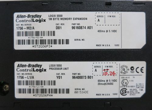 Allen Bradley 1756-L1/A Y01 F/W 10.24 Logix 5550 Processor 1756-M2/A Memory PLC (BJ0008-1)