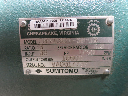 SM-Cyclo CHH4180Y-SB-13 Gear Drive Reducer Ratio 13 1750 RPM Motor 39 HP 16800 (DW4488-1)